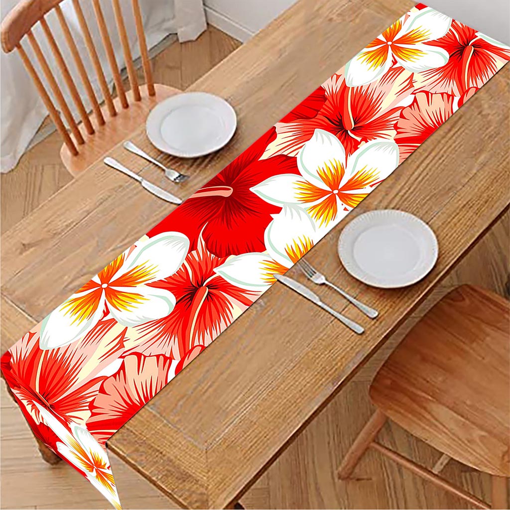 Red Hibiscus Plumeria Pattern Print Table Runner