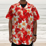 Red Hibiscus Plumeria Pattern Print Textured Short Sleeve Shirt