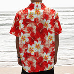 Red Hibiscus Plumeria Pattern Print Textured Short Sleeve Shirt