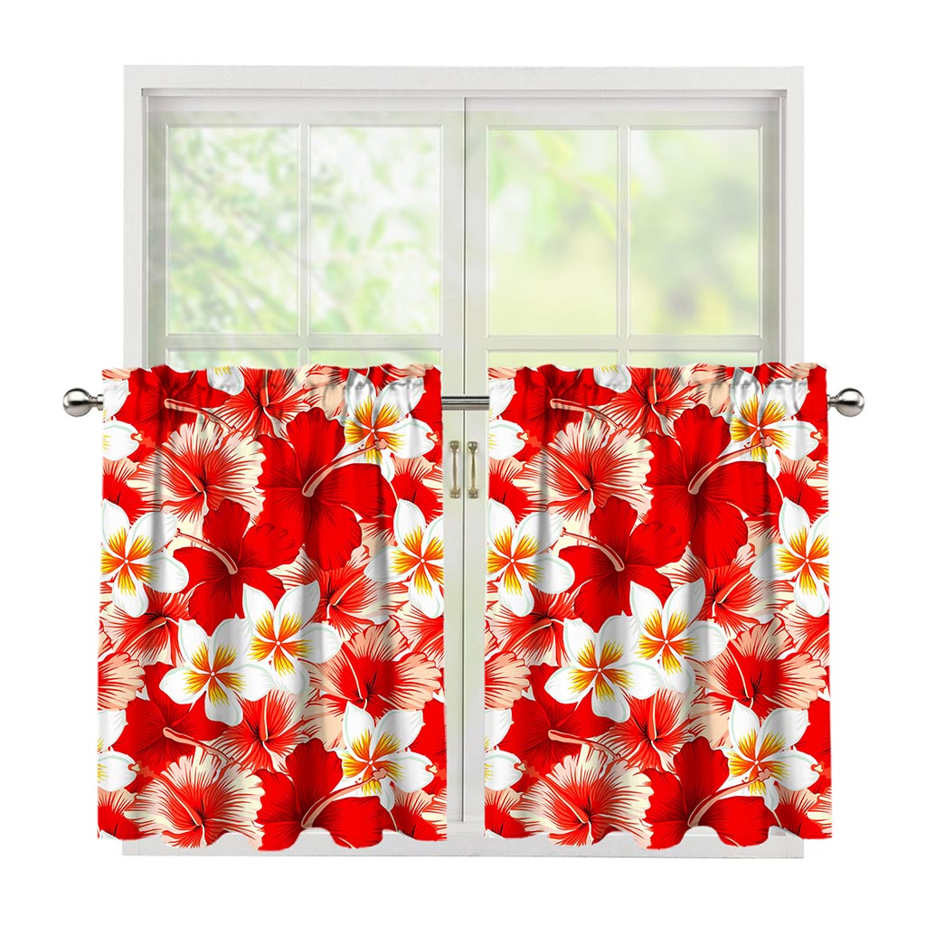 Red Hibiscus Plumeria Pattern Print Tier Curtains