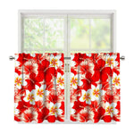Red Hibiscus Plumeria Pattern Print Tier Curtains