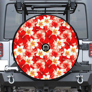 Red Hibiscus Plumeria Pattern Print Tire Cover With Camera Hole