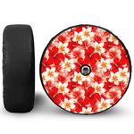 Red Hibiscus Plumeria Pattern Print Tire Cover With Camera Hole