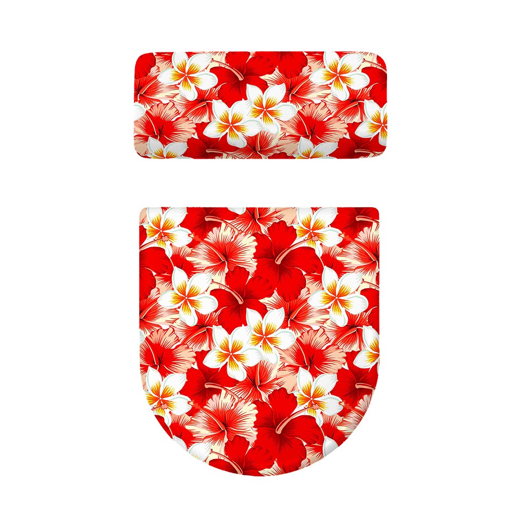 Red Hibiscus Plumeria Pattern Print Toilet Lid And Tank Cover Set