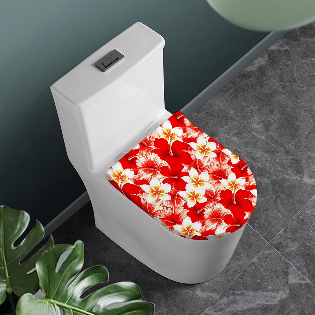 Red Hibiscus Plumeria Pattern Print Toilet Lid Cover