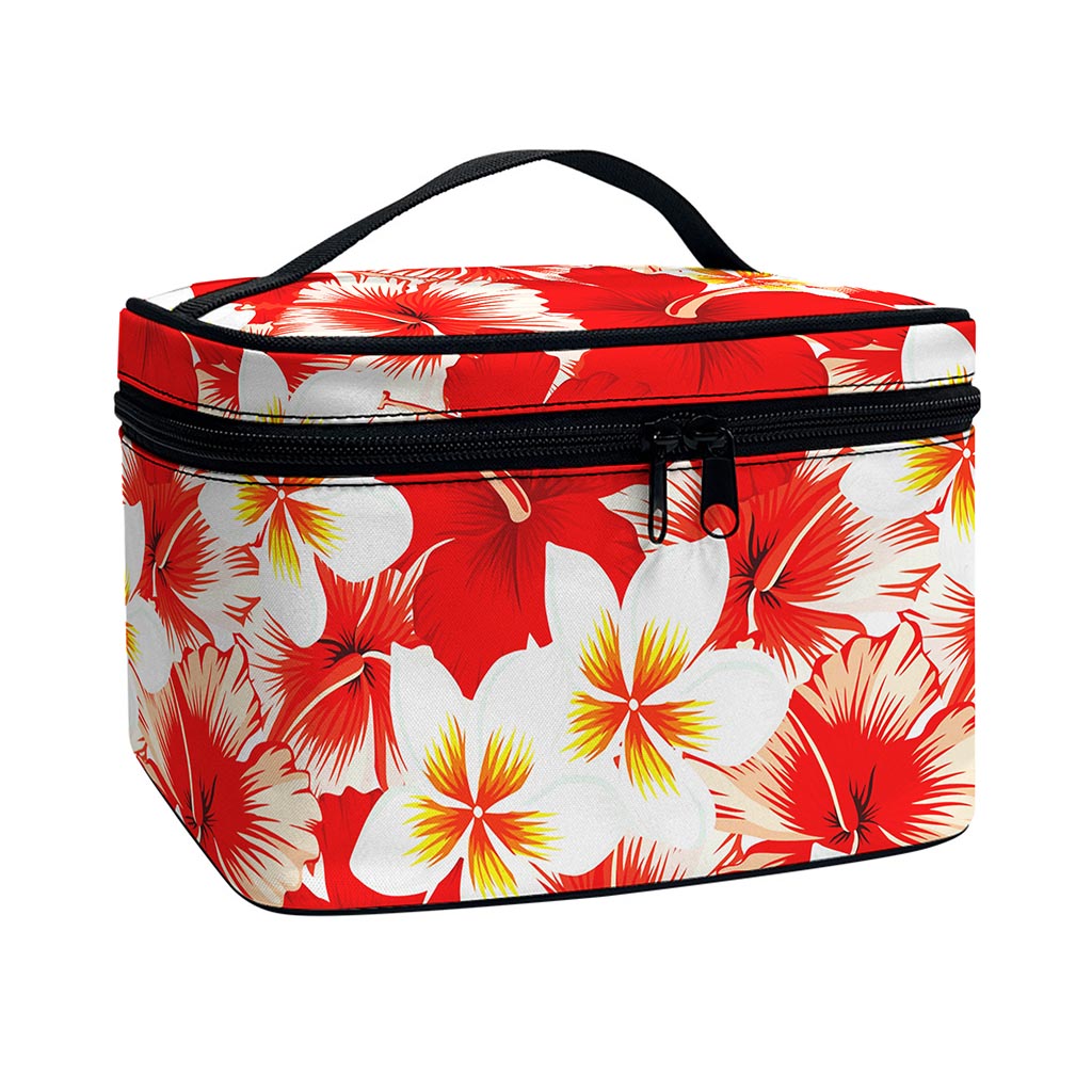 Red Hibiscus Plumeria Pattern Print Travel Makeup Bag