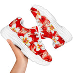 Red Hibiscus Plumeria Pattern Print White Chunky Shoes