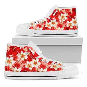 Red Hibiscus Plumeria Pattern Print White High Top Sneakers