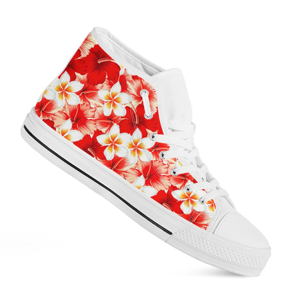 Red Hibiscus Plumeria Pattern Print White High Top Sneakers
