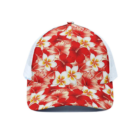 Red Hibiscus Plumeria Pattern Print White Mesh Trucker Cap