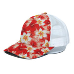 Red Hibiscus Plumeria Pattern Print White Mesh Trucker Cap