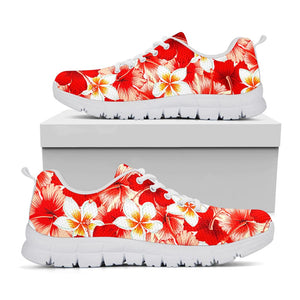 Red Hibiscus Plumeria Pattern Print White Running Shoes