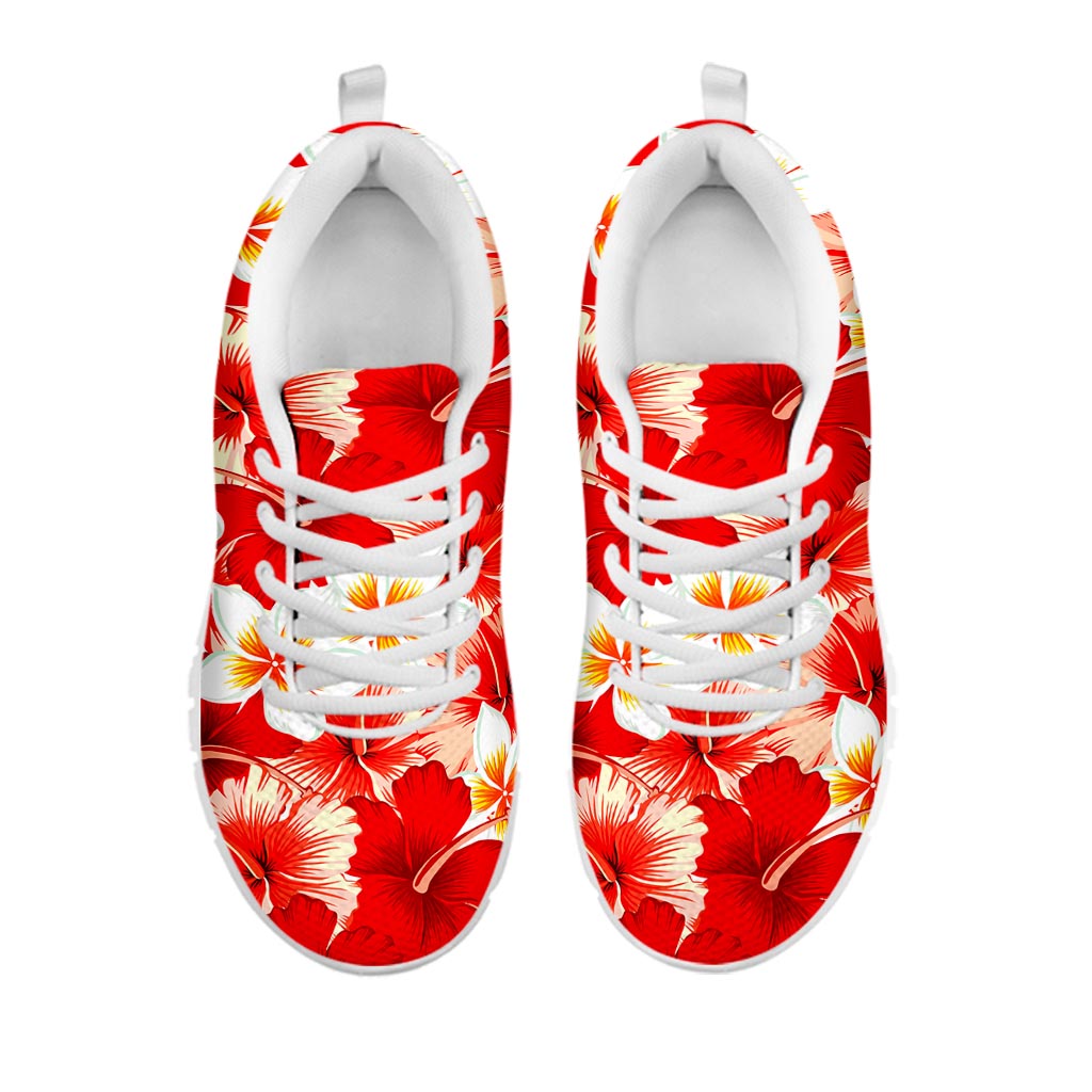 Red Hibiscus Plumeria Pattern Print White Running Shoes