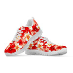 Red Hibiscus Plumeria Pattern Print White Running Shoes