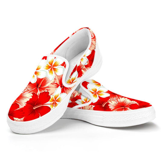 Red Hibiscus Plumeria Pattern Print White Slip On Sneakers
