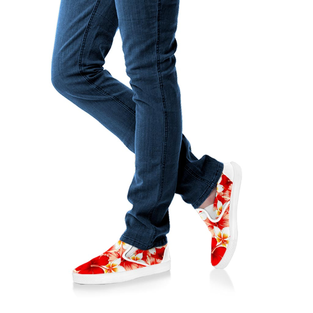 Red Hibiscus Plumeria Pattern Print White Slip On Sneakers