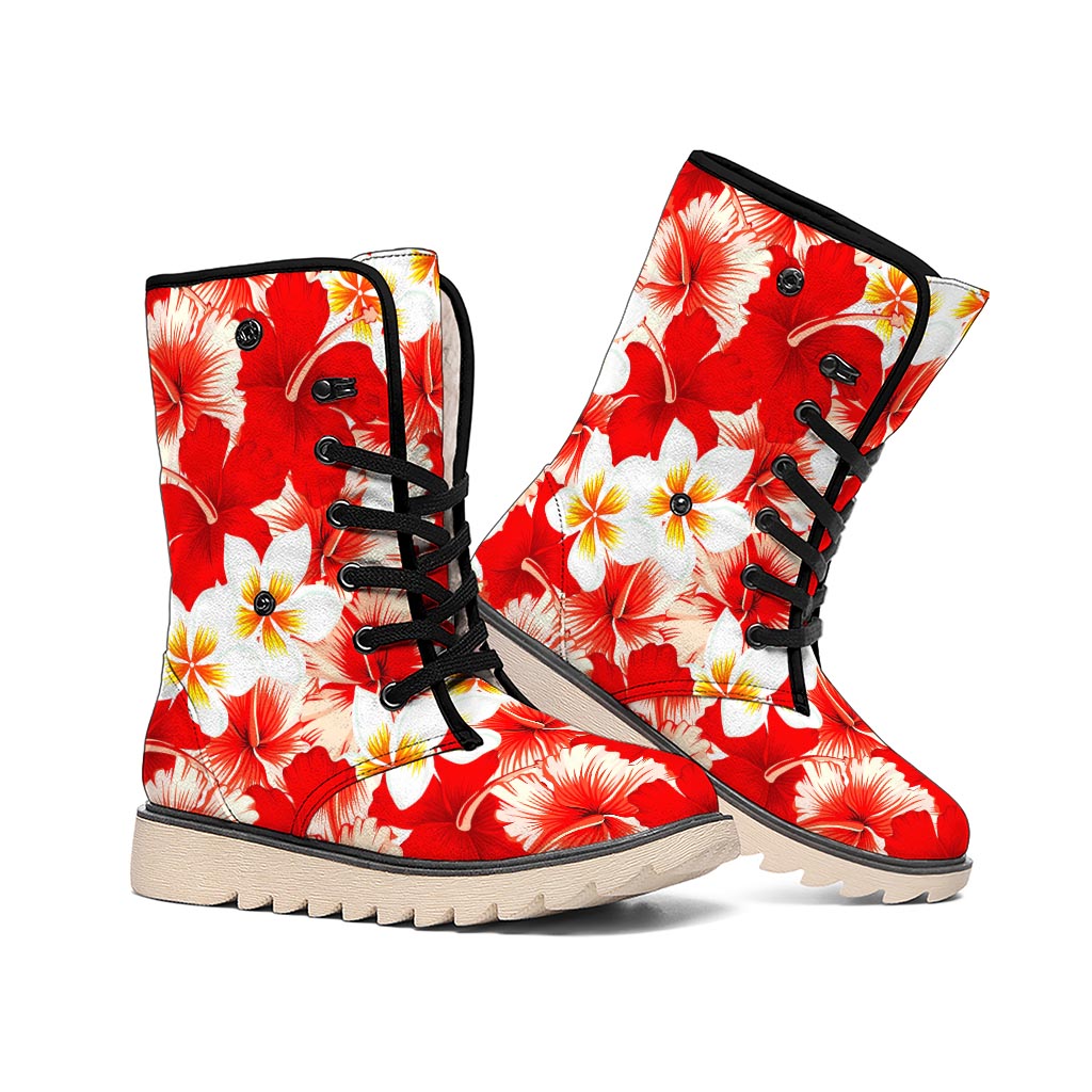 Red Hibiscus Plumeria Pattern Print Winter Boots