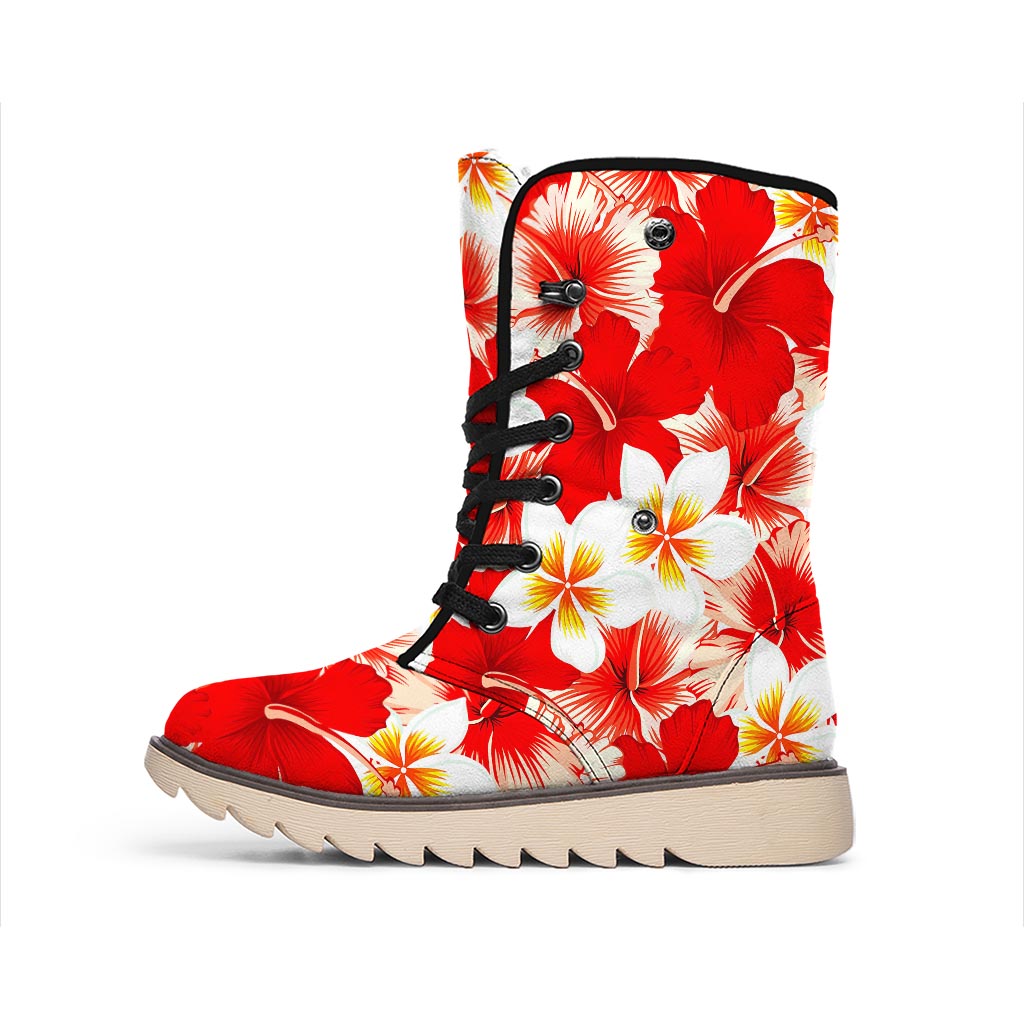 Red Hibiscus Plumeria Pattern Print Winter Boots