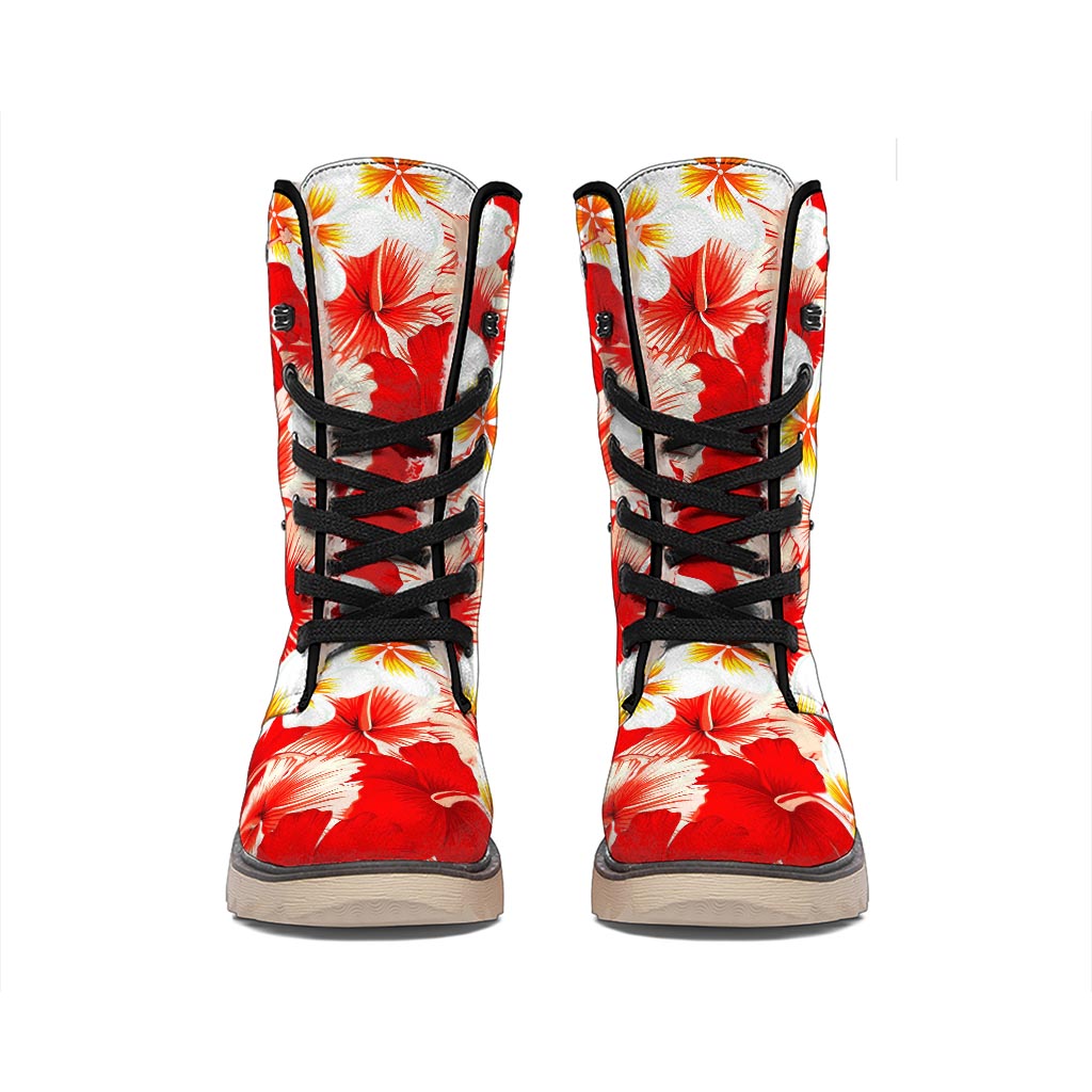 Red Hibiscus Plumeria Pattern Print Winter Boots