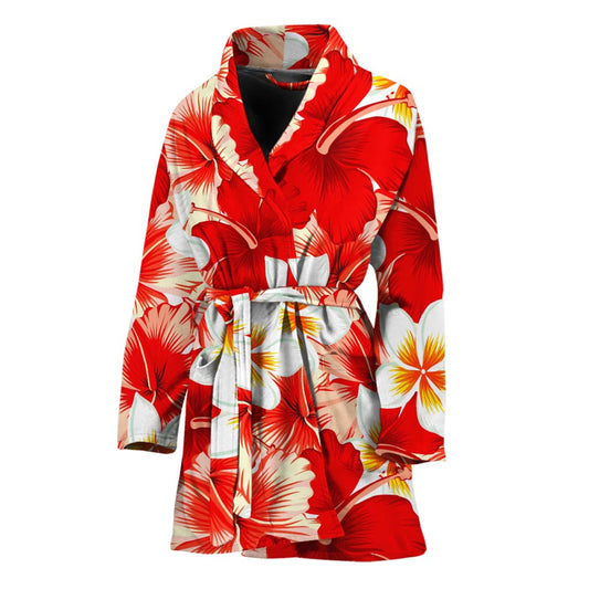 Red Hibiscus Plumeria Pattern Print Women's Bathrobe