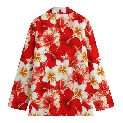 Red Hibiscus Plumeria Pattern Print Women's Blazer