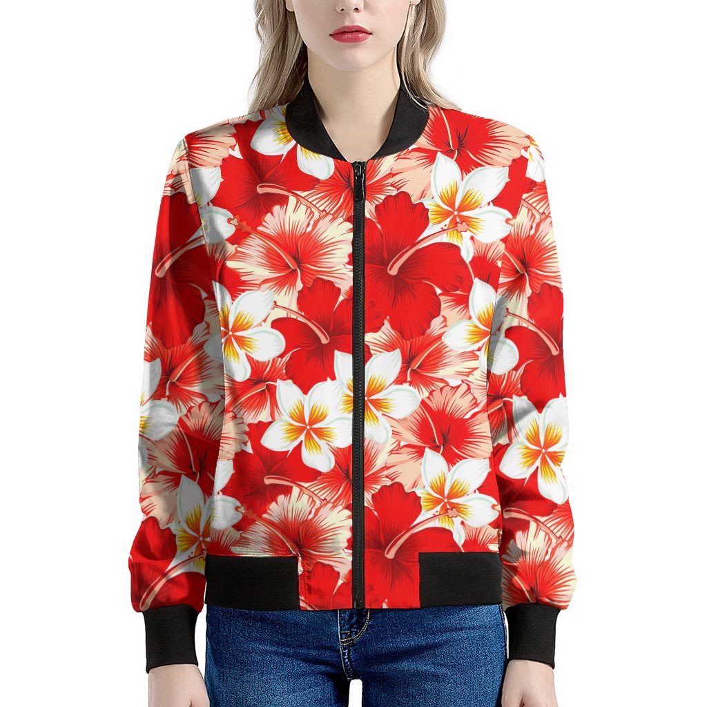 Red Hibiscus Plumeria Pattern Print Women's Bomber Jacket
