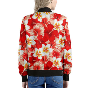 Red Hibiscus Plumeria Pattern Print Women's Bomber Jacket