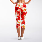 Red Hibiscus Plumeria Pattern Print Women's Capri Leggings