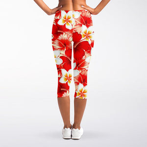 Red Hibiscus Plumeria Pattern Print Women's Capri Leggings