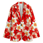 Red Hibiscus Plumeria Pattern Print Women's Cotton Blazer
