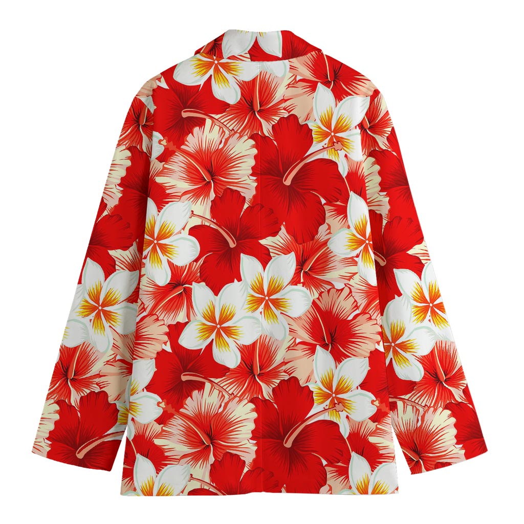 Red Hibiscus Plumeria Pattern Print Women's Cotton Blazer