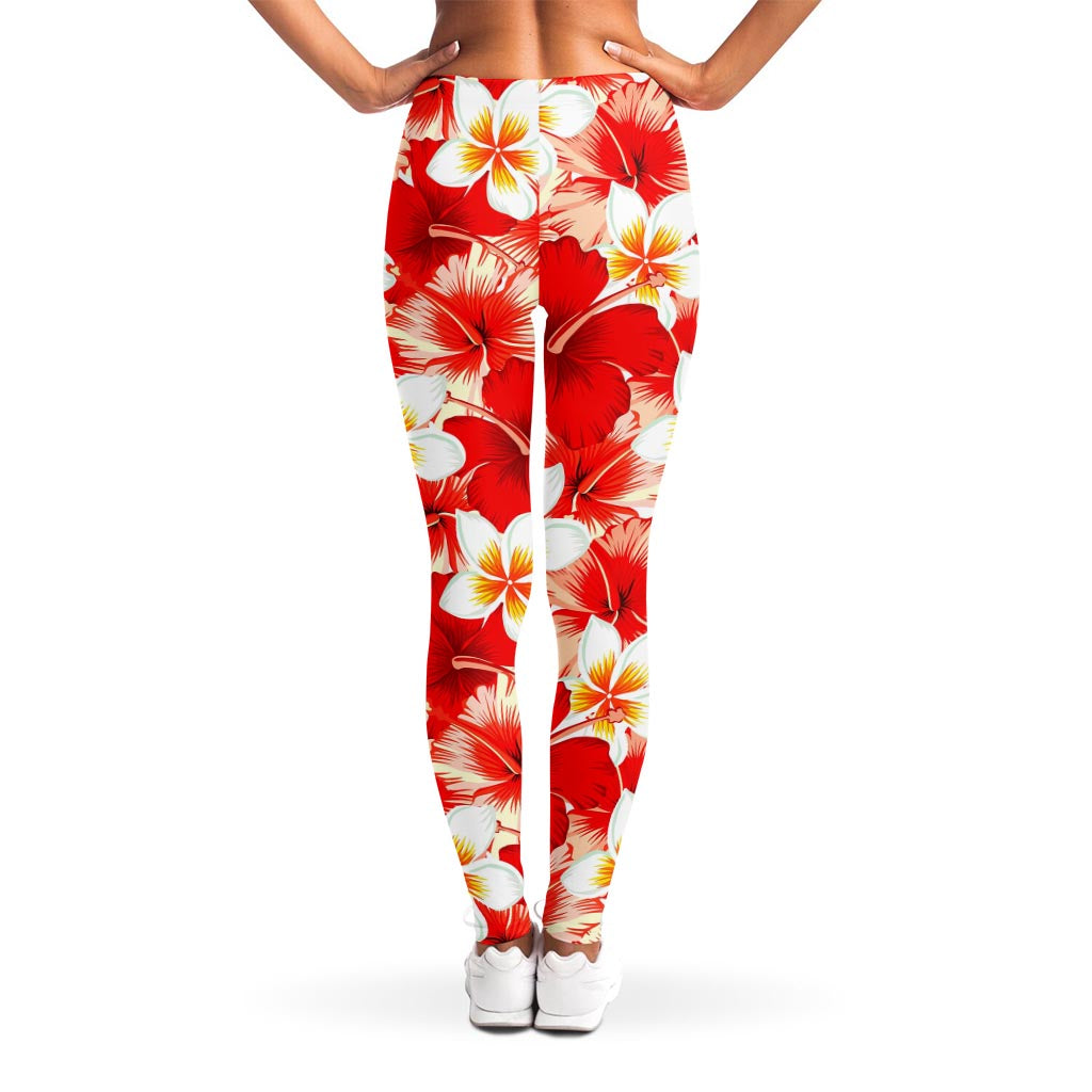 Red Hibiscus Plumeria Pattern Print Women's Leggings