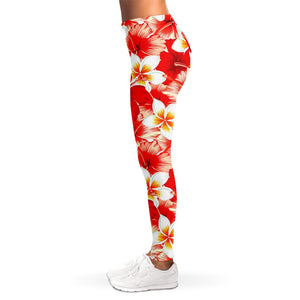 Red Hibiscus Plumeria Pattern Print Women's Leggings