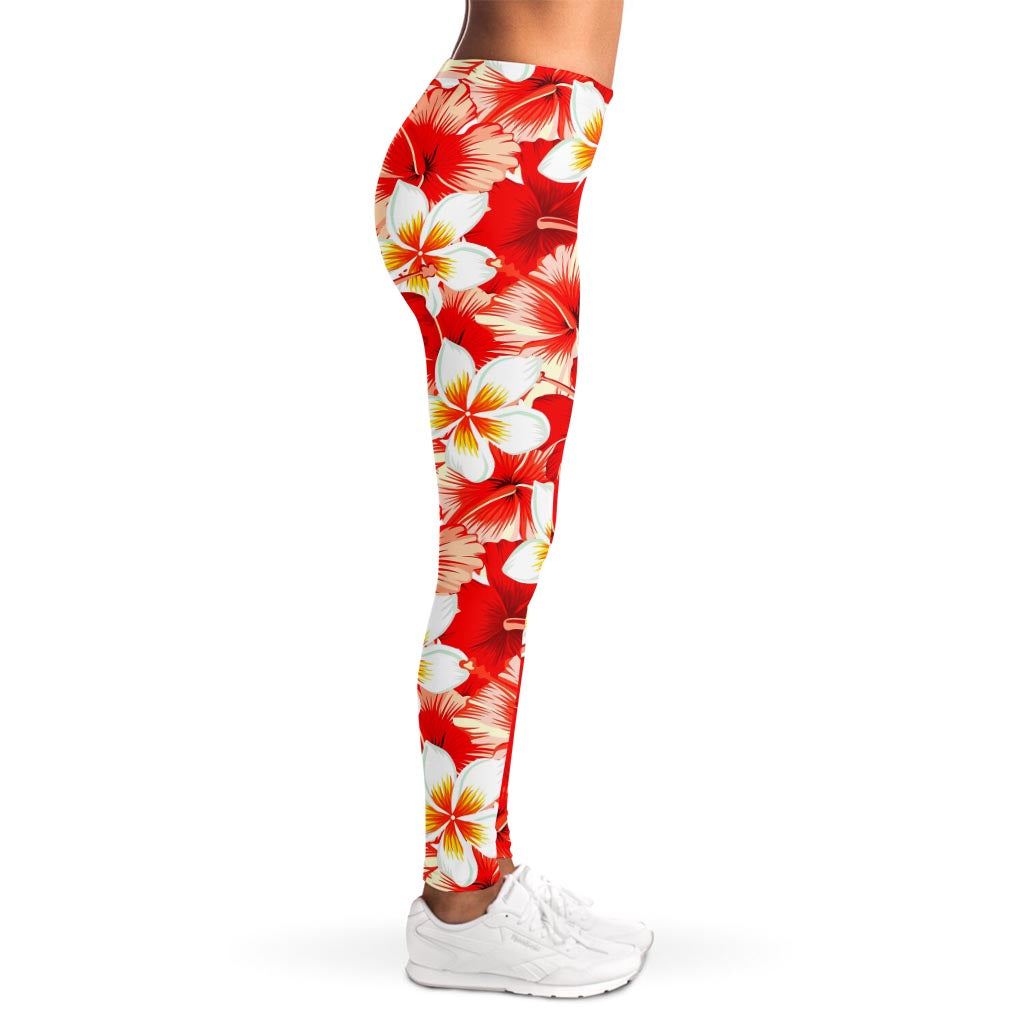 Red Hibiscus Plumeria Pattern Print Women's Leggings