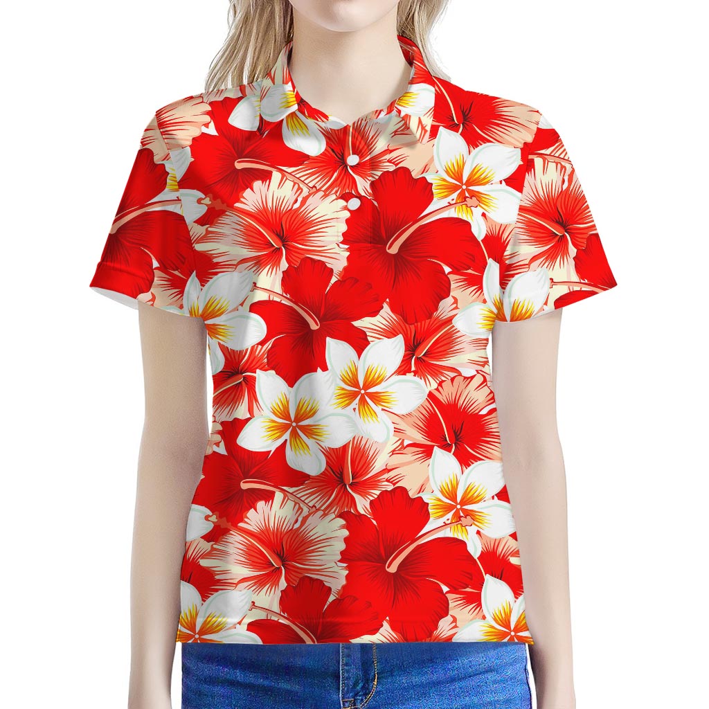Red Hibiscus Plumeria Pattern Print Women's Polo Shirt
