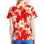 Red Hibiscus Plumeria Pattern Print Women's Polo Shirt