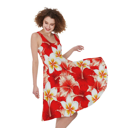 Red Hibiscus Plumeria Pattern Print Women's Sleeveless Dress