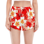 Red Hibiscus Plumeria Pattern Print Women's Split Running Shorts