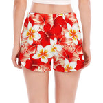 Red Hibiscus Plumeria Pattern Print Women's Split Running Shorts