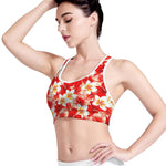 Red Hibiscus Plumeria Pattern Print Women's Sports Bra