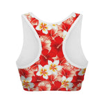 Red Hibiscus Plumeria Pattern Print Women's Sports Bra