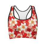 Red Hibiscus Plumeria Pattern Print Women's Sports Bra