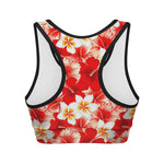 Red Hibiscus Plumeria Pattern Print Women's Sports Bra