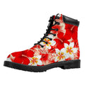 Red Hibiscus Plumeria Pattern Print Padded Collar Lace Up Boots