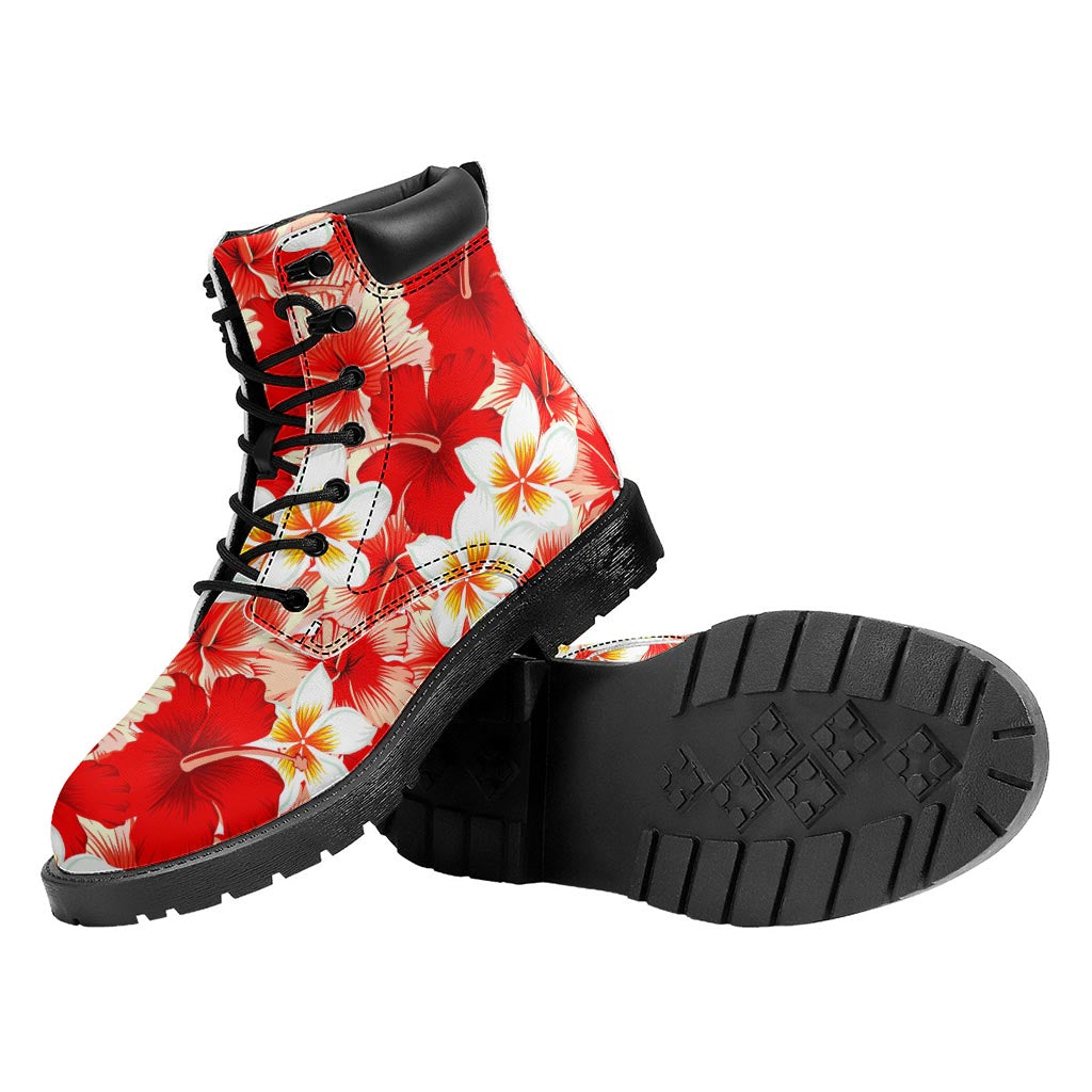 Red Hibiscus Plumeria Pattern Print Work Boots