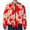 Red Hibiscus Plumeria Pattern Print Zip Sleeve Bomber Jacket