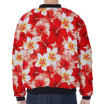 Red Hibiscus Plumeria Pattern Print Zip Sleeve Bomber Jacket