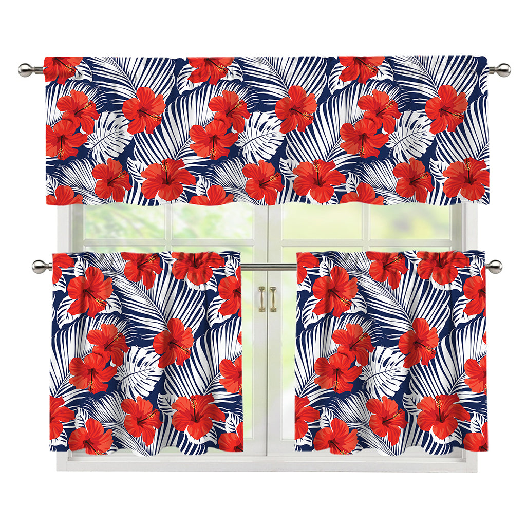 Red Hibiscus Tropical Pattern Print 3 Piece Kitchen Curtains