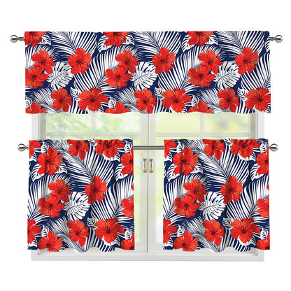 Red Hibiscus Tropical Pattern Print 3 Piece Kitchen Curtains
