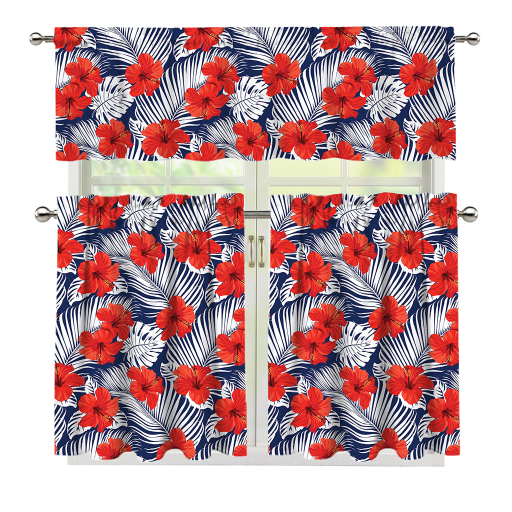 Red Hibiscus Tropical Pattern Print 3 Piece Kitchen Curtains